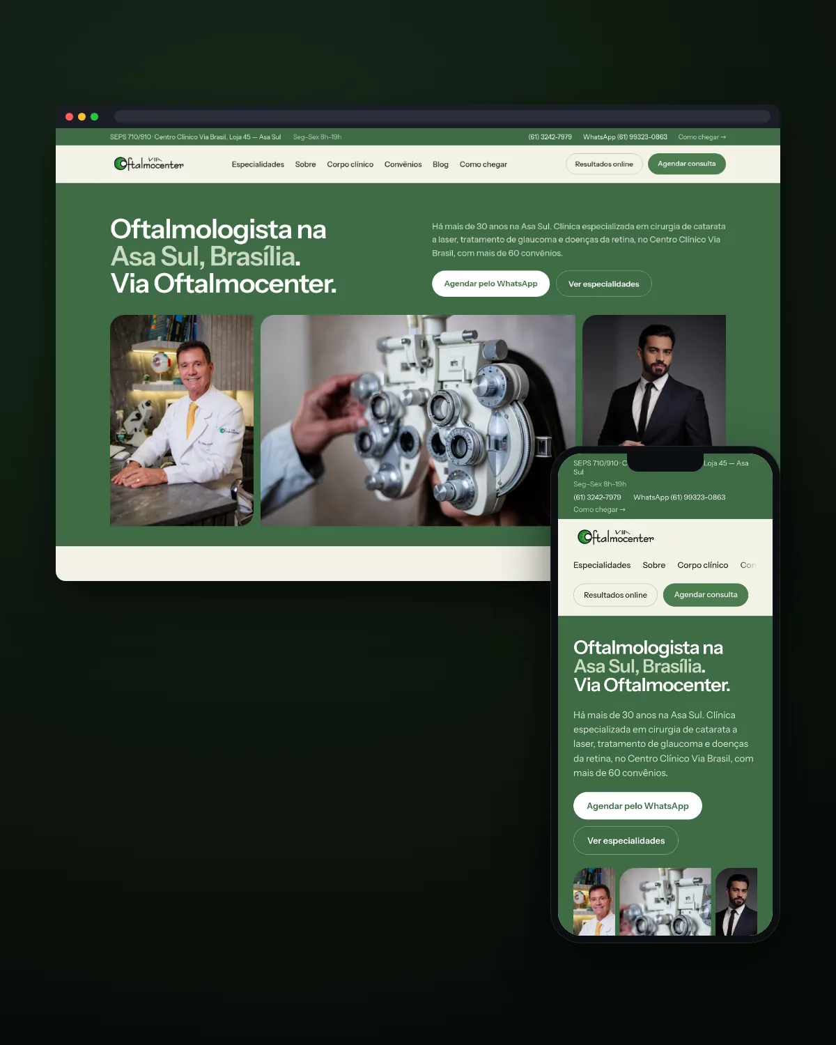 Janela de navegador e celular com a home do site da Via Oftalmocenter, clínica de oftalmologia na Asa Sul, em Brasília