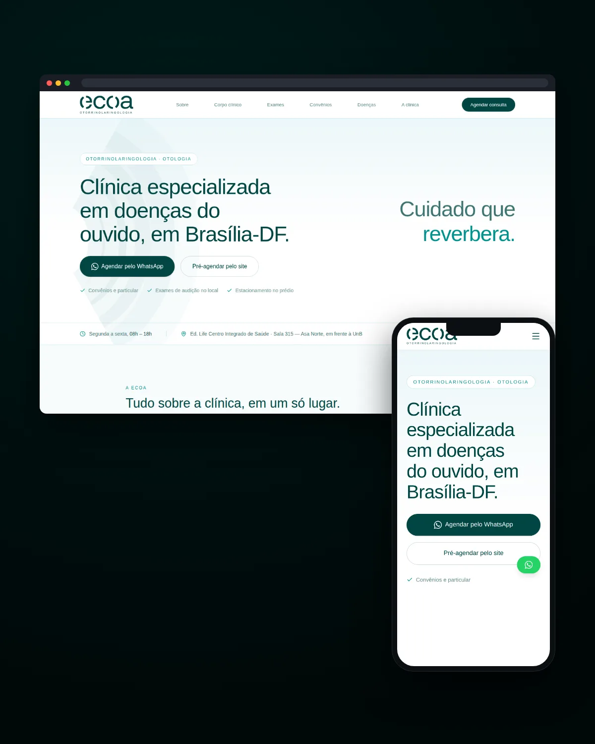 Janela de navegador e celular com a home do site da ECOA Otorrinolaringologia, clínica de otorrino e doenças do ouvido na Asa Norte, Brasília