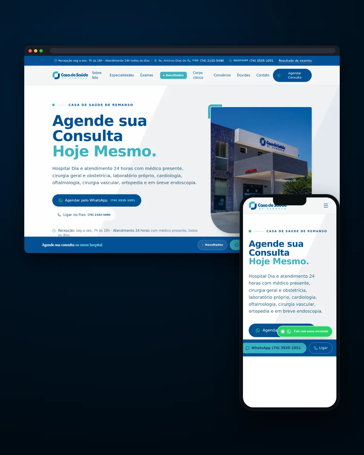 Janela de navegador e celular com a home do site da Casa de Saúde de Remanso, hospital com consultas, exames e laboratório em Remanso, Bahia