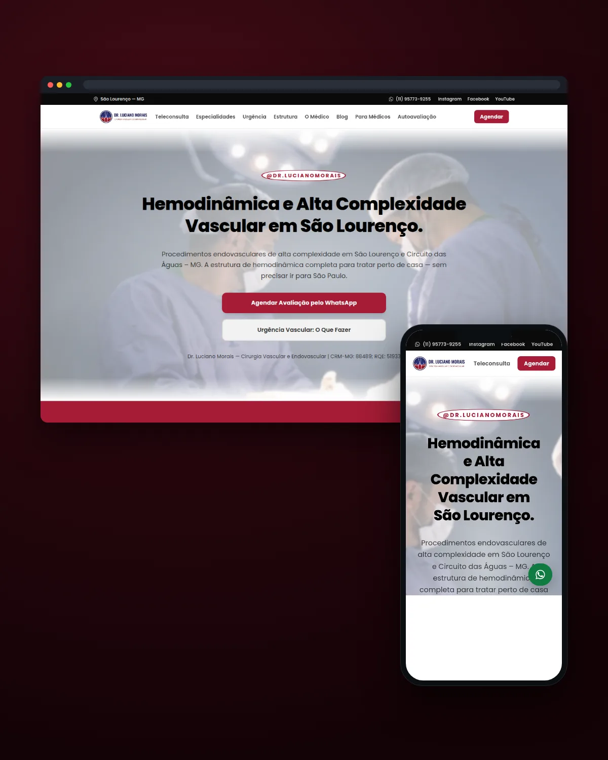 Janela de navegador e celular com a home do site do Dr. Luciano Morais, cirurgião vascular e endovascular em São Lourenço, Minas Gerais