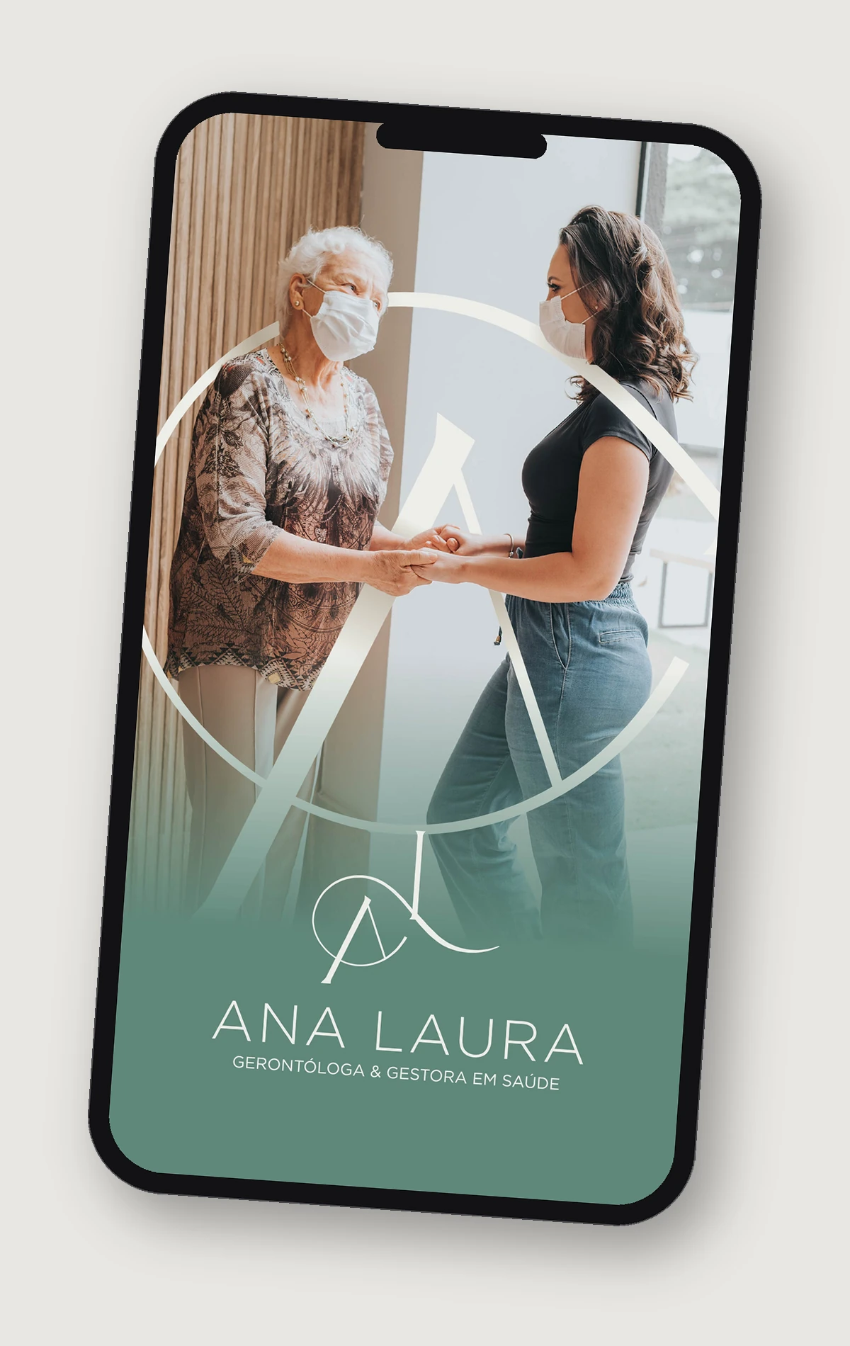 Mockup de celular com o portfólio digital de Ana Laura, gerontóloga e gestora em saúde, em Goiânia