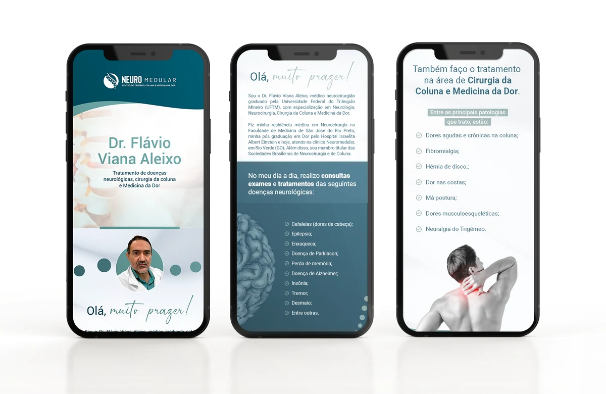 Portfólio virtual do Dr. Flávio Viana Aleixo em três telas de celular, com a apresentação do médico e a tela de tratamento de dor na coluna