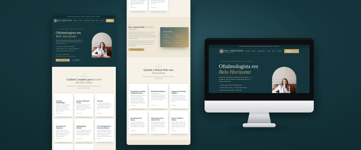 Mockup de monitor com o site da Dra. Larissa Fouad, oftalmologista e especialista em retina em Belo Horizonte