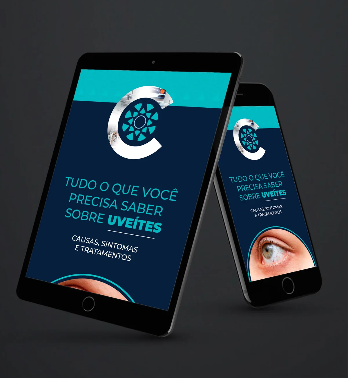Mockup de tablet e celular com o e-book sobre uveítes do Dr. Manoel Ribeiro Jr, oftalmologista em Brasília
