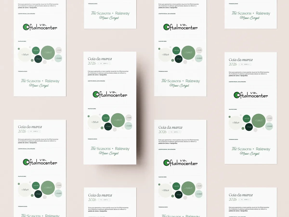 Guia da marca da Via Oftalmocenter impresso, com logotipo, paleta de cores e tipografias