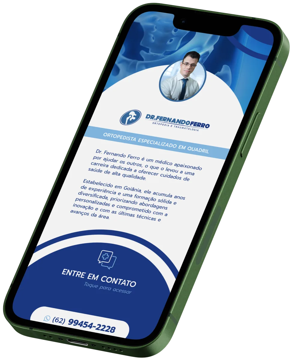 Mockup de celular com o cartão virtual do Dr. Fernando Ferro, ortopedista especializado em quadril em Goiânia