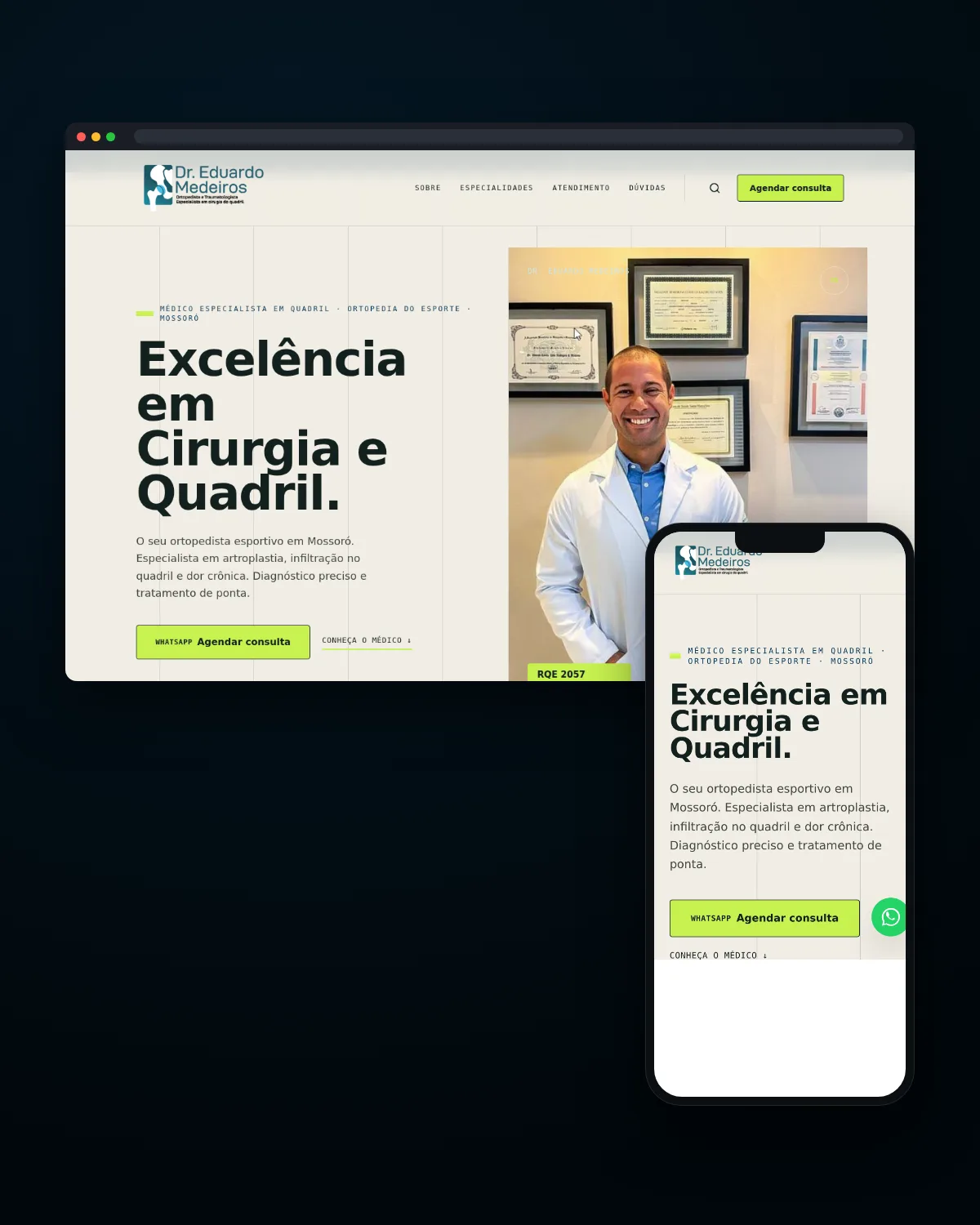 Janela de navegador e celular com a home do site do Dr. Eduardo Medeiros, ortopedista especialista em quadril em Mossoró
