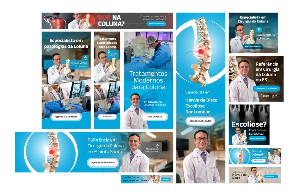 Conjunto de banners do Dr. Allan Garcia sobre cirurgia da coluna, hérnia de disco e escoliose