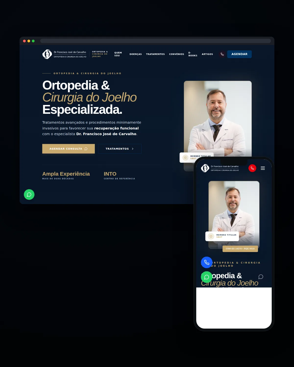 Janela de navegador e celular com a home do site do Dr. Francisco José de Carvalho, ortopedista e cirurgião de joelho em Vitória