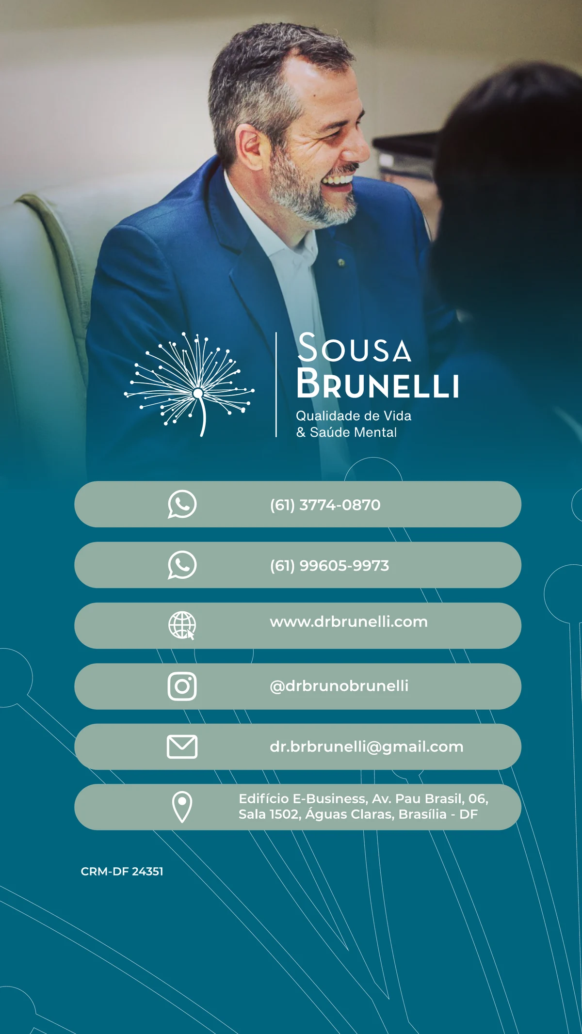 Mockup de celular com o cartão virtual da Sousa Brunelli, clínica de psiquiatria e saúde mental em Brasília, com o Dr. Bruno Brunelli