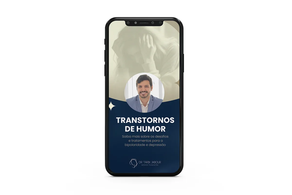 Mockup de celular com o e-book Transtornos de Humor do Dr. Tárik Jabour, psiquiatra em Juiz de Fora
