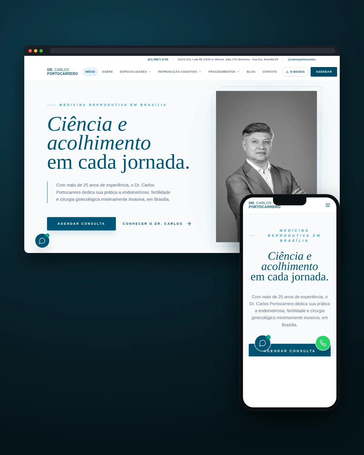 Janela de navegador e celular com a home do site do Dr. Carlos Portocarrero, reprodução assistida e endometriose em Brasília