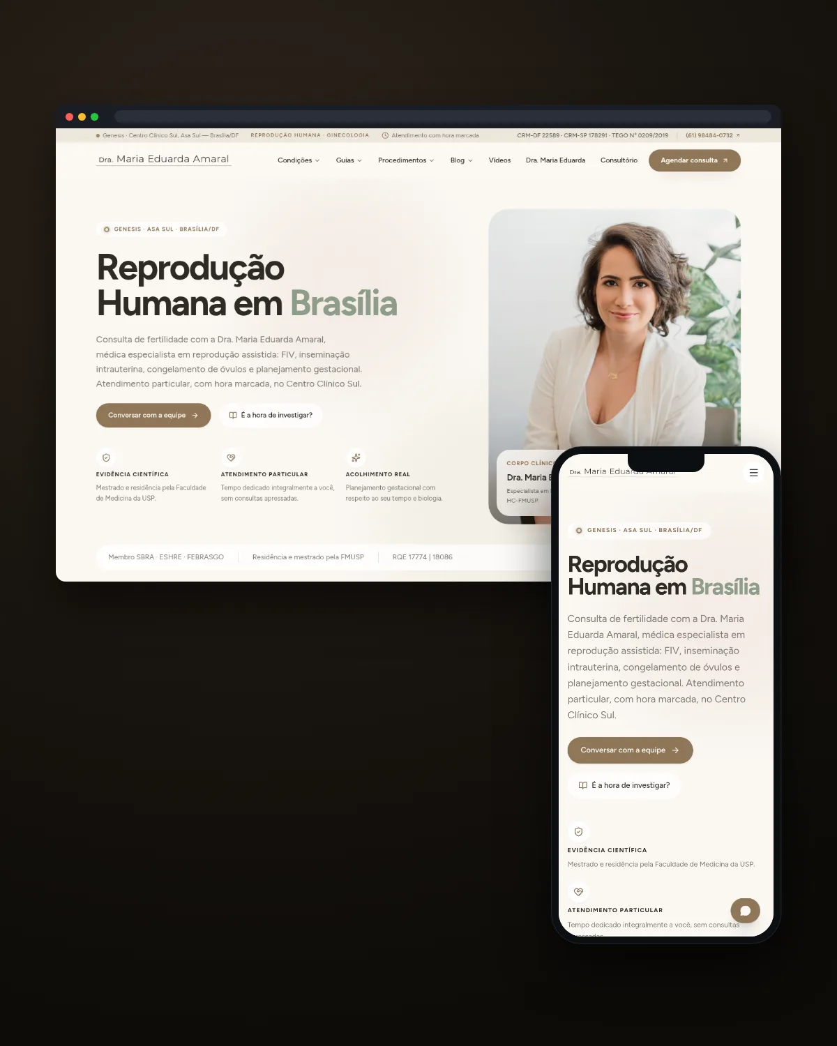 Janela de navegador e celular com a home do site da Dra. Maria Eduarda Amaral, reprodução humana e ginecologia na Asa Sul, em Brasília