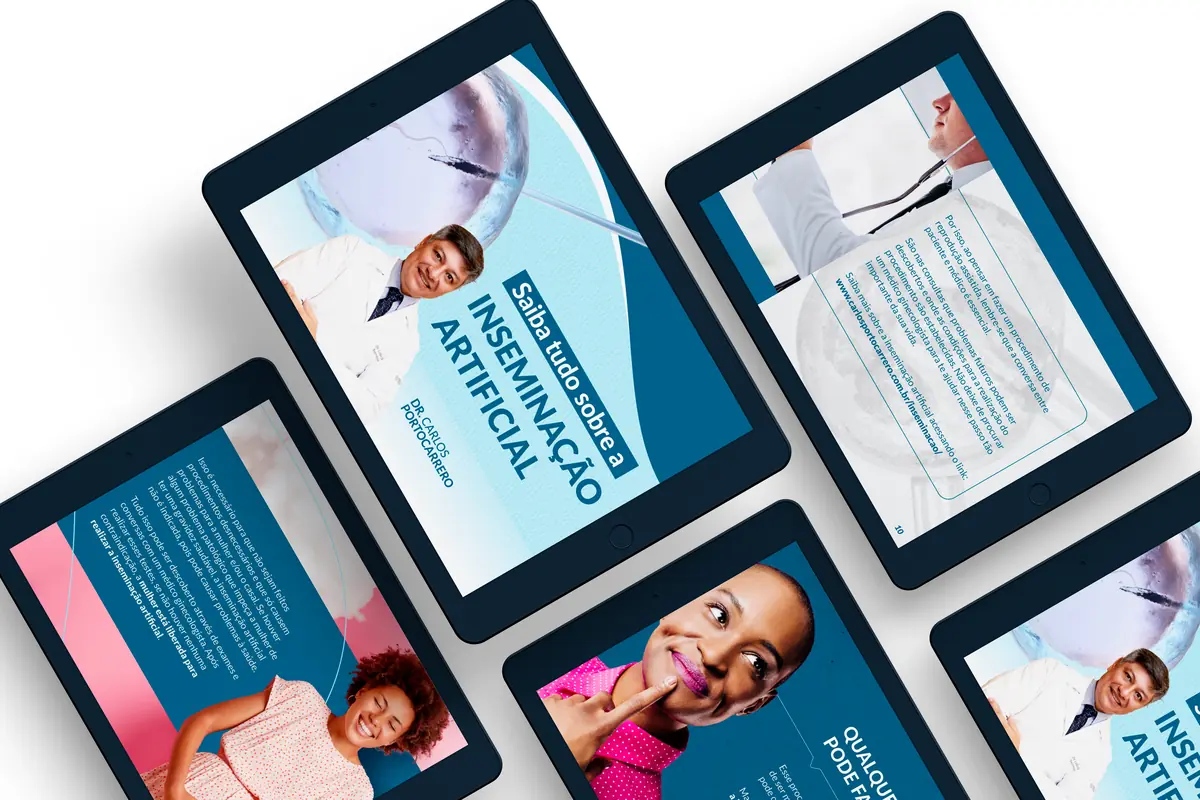 Tablets com o e-book do Dr. Carlos Portocarrero sobre inseminação artificial, reprodução humana em Brasília