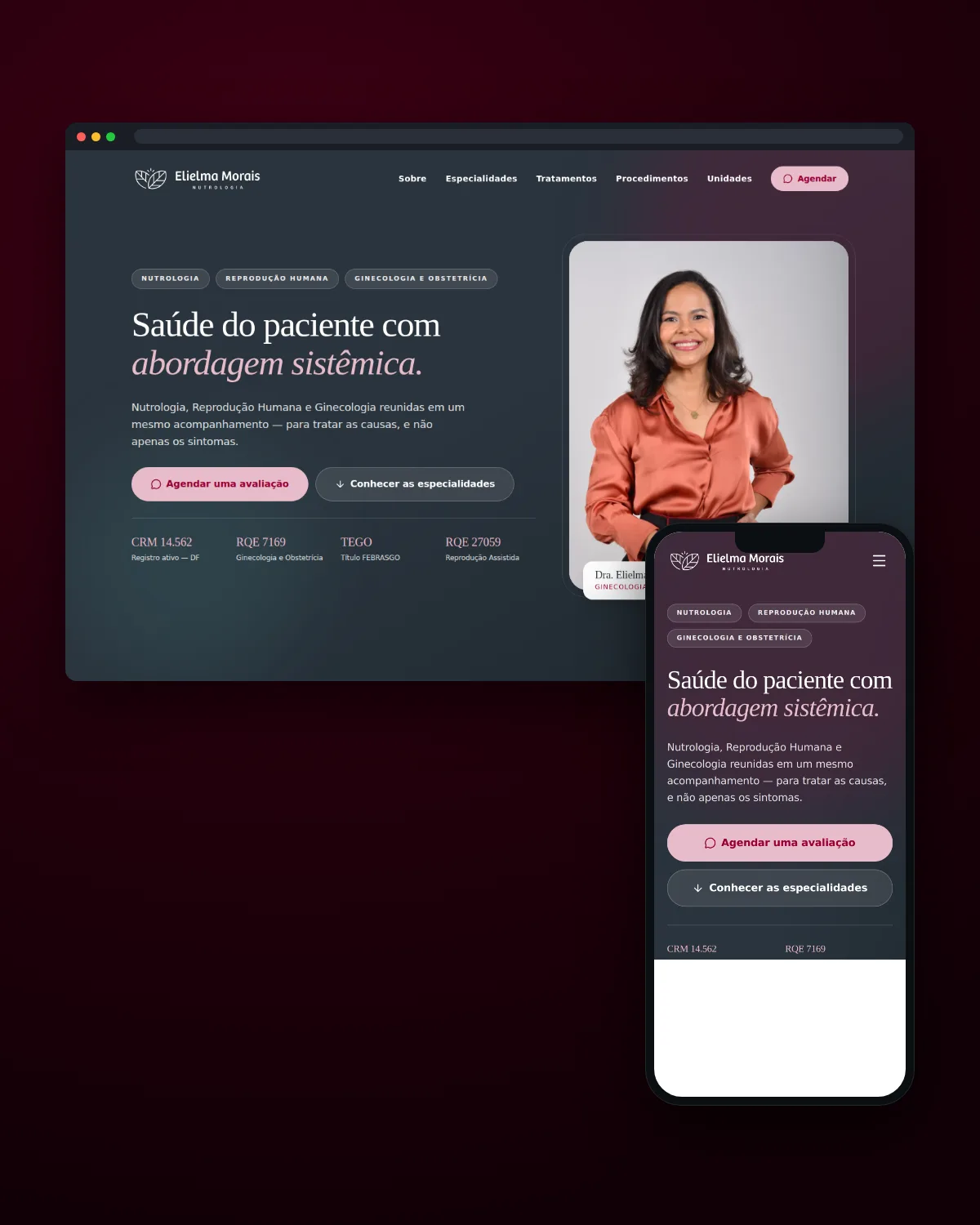Janela de navegador e celular com a home do site da Dra. Elielma Almeida, saúde da mulher e reprodução humana em Brasília