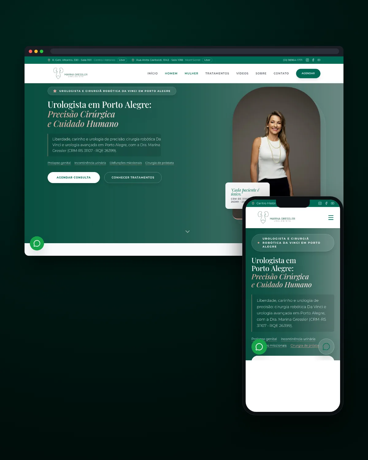 Janela de navegador e celular com a home do site da Dra. Marina Gressler, urologista especialista em cirurgia robótica em Porto Alegre